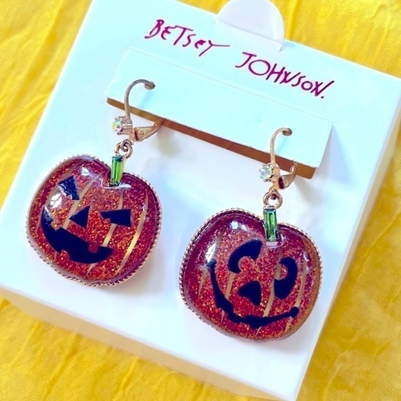 Brand New Betsey Johnson Pumpkin Halloween Drop Earrings Orange Sparkle - Picture 1 of 9